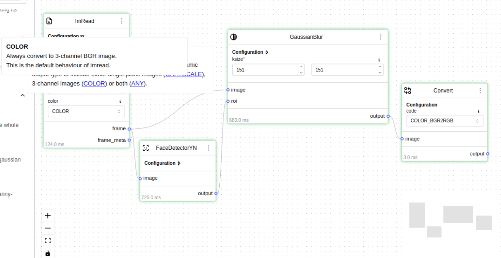 Figure 1: Screenshot from my web-based workflow editor for computer vision. The framework introspects programatically defined Node classes to build a UI for configuring the nodes and show documentations along side them.